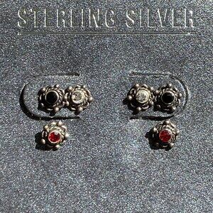3 Pair petite STERLING SILVER Flower shaped STUD EARRINGS, ruby, onyx & clear